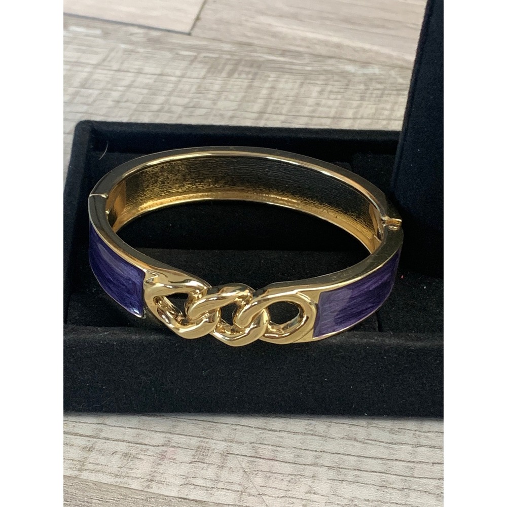 Gold Tone Purple Enamel Hinge Bangle Bracelet Interlocking Chain Link Accent